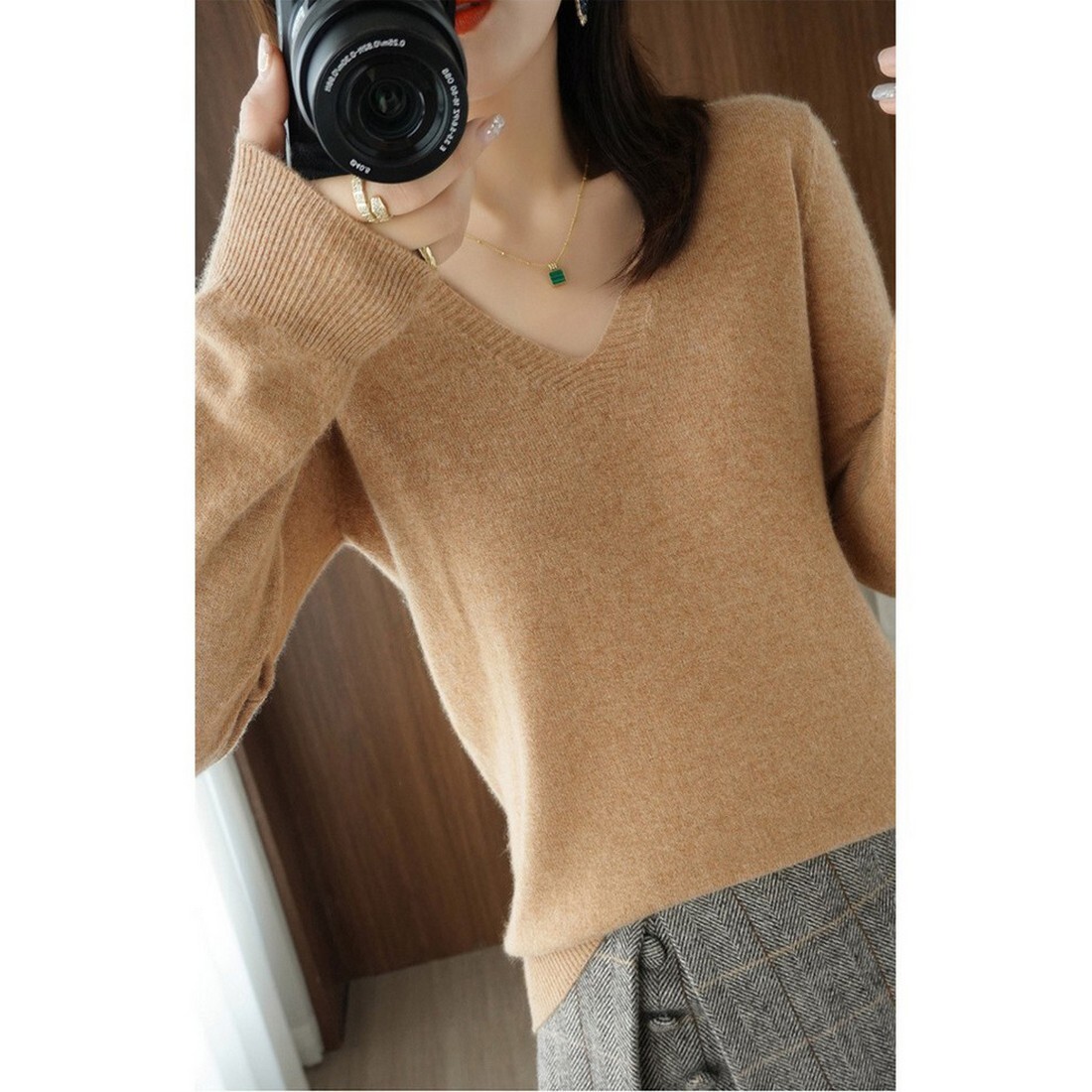 Vネックセーター レディース プルオーバー 無地 ウールセーター ニット 薄手 ブラウン Lサイズ【代引き不可】拍卖