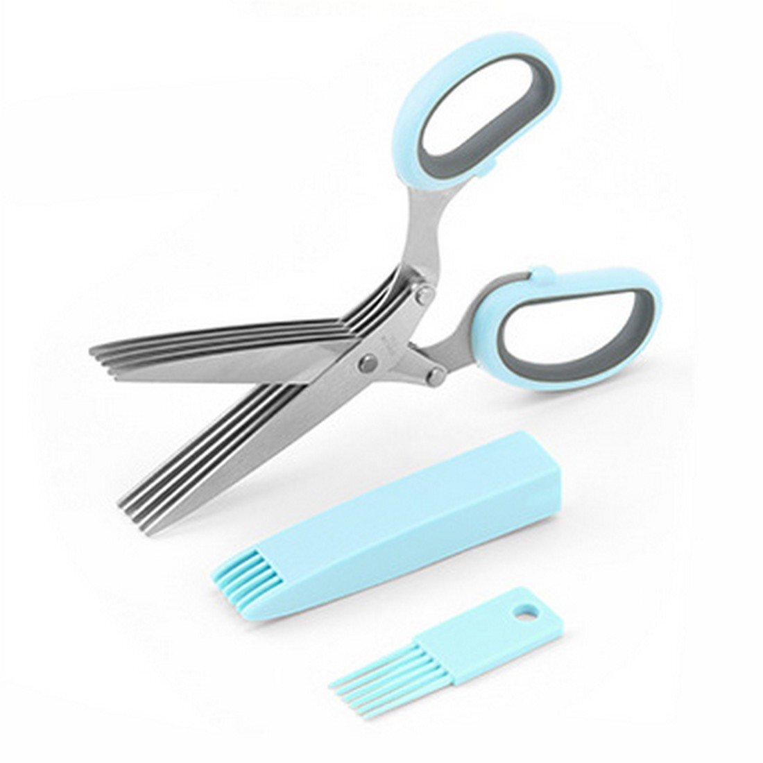 刻みハサミ 5枚刃 OPP包装 千切り ステンレス キッチン 調理 万能ネギ パセリ 薬味ハサミ ライトブルー拍卖