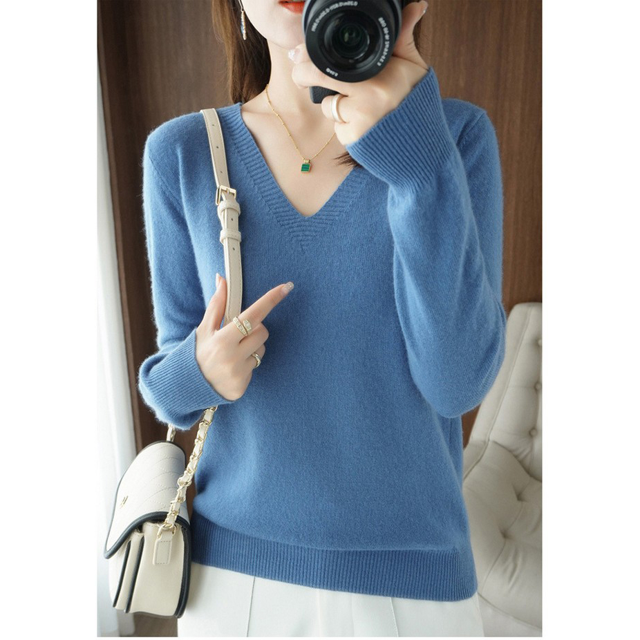 Vネックセーター レディース プルオーバー 無地 ウールセーター ニット 薄手 ブルー Sサイズ【代引き不可】拍卖