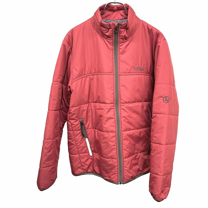 エーグル AIGLE 中綿入り ジャケット ハイネック ジップアップ 長袖 ロゴ刺繍 ポリ100% M ピンクレッド系 赤系×グレー レディース拍卖