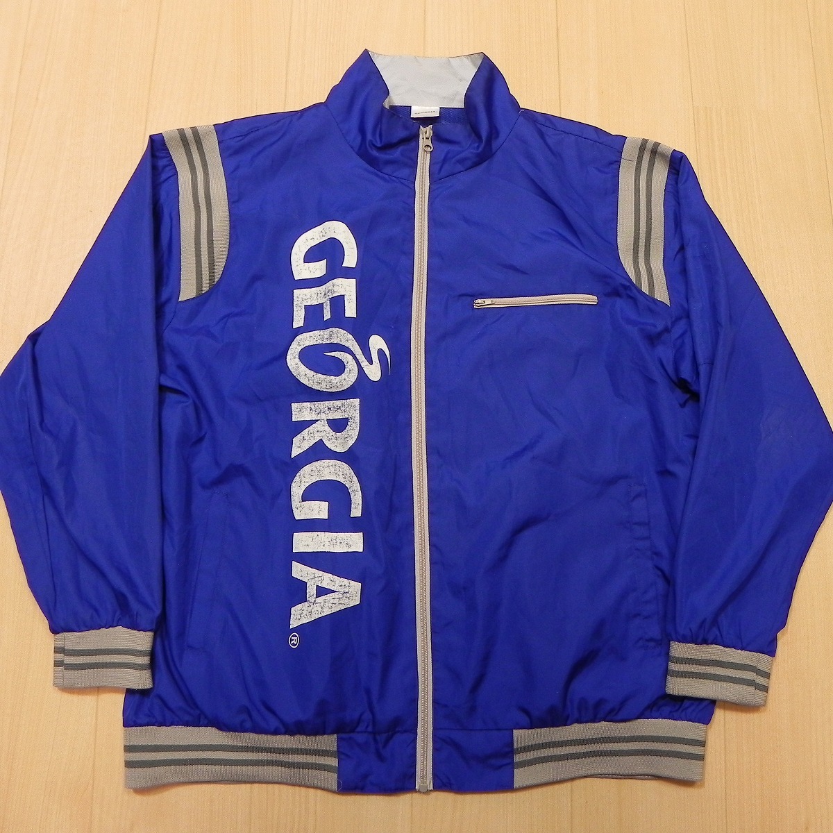 レア 古着 GEORGIA ジョージア メンズ ロゴプリント 青 ジャケット Lくらい 薄手 ジャンバー 人気 ウインドブレーカー 即決 ★e拍卖