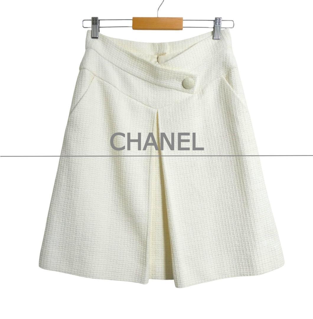 美品 CHANEL シャネル サイズ38 P51038V38048 ココマーク ツイード タック 膝丈 スカート 白 オフホワイト拍卖