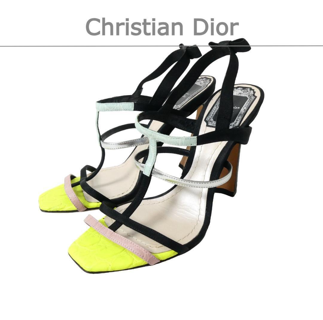 美品 Christian Dior クリスチャンディオール 36 約23㎝ レザー クロコダイル型押し オープントゥ ハイヒール サンダル マルチカラー拍卖