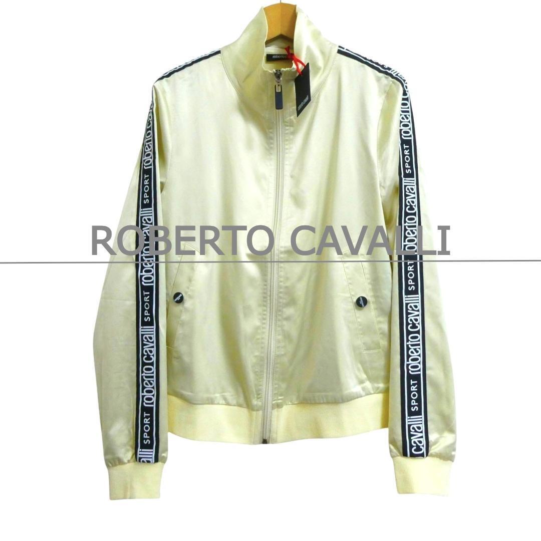 新品同様 ROBERTO CAVALLI ロベルトカヴァリ サイズM サテン ロゴ ライン トラックジャケット ブルゾン ゴールド系拍卖