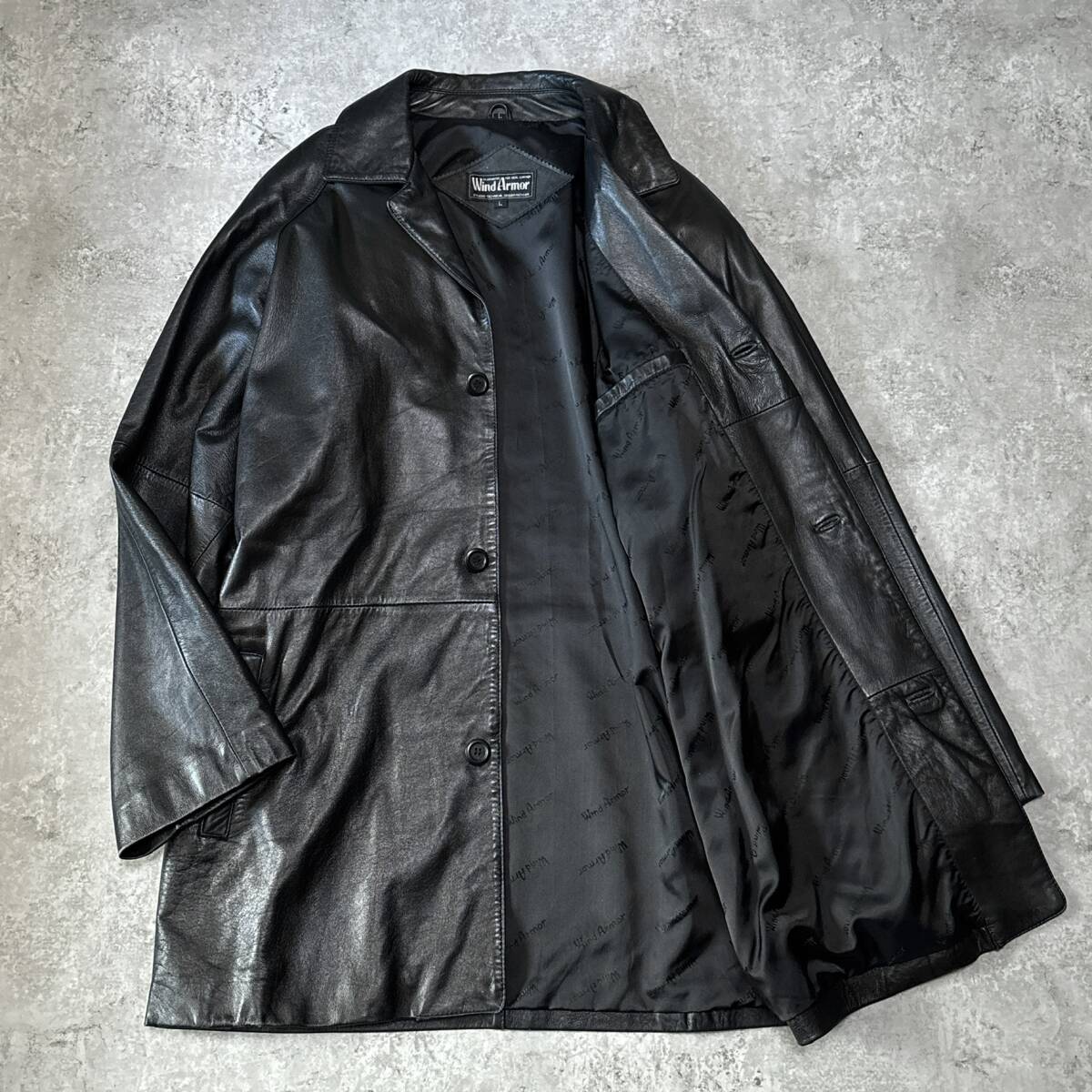 美品 Wind Armor ウインドアーマー 本革 羊革 ラムレザー レザーコート ロングコート ジャケット メンズ L 黒 ブラック チェスター C973拍卖