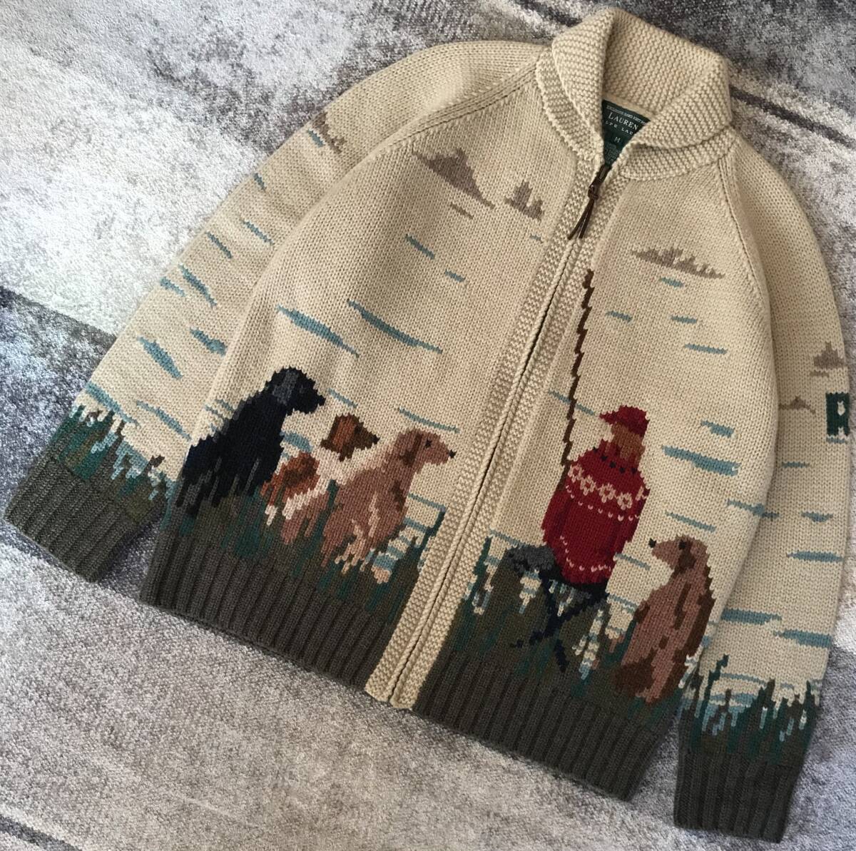 最高傑作 異次元のセンス 別格の風景画 90's vintage ★ LAUREN RALPH LAUREN ★ ワンちゃん 犬柄 釣り柄 カウチン ニット ジャケット M ②拍卖