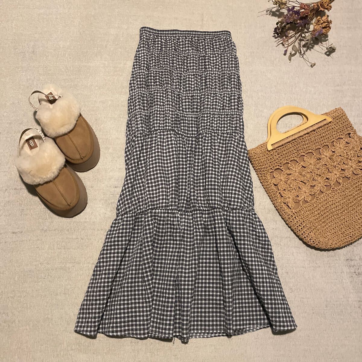 MOUSSY シャーリングスカート SHIRRINGスカート マウジー サイズ 1 ギンガムチェック マキシスカート ロング ボトムス 美品拍卖
