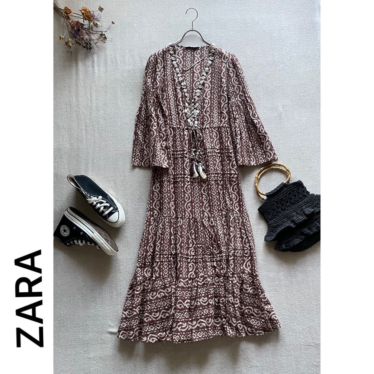 ZARA エスニック柄マキシワンピース 長袖 マキシドレス XSサイズ ロングスカート 美品 ロングドレス ロングワンピース ザラ拍卖