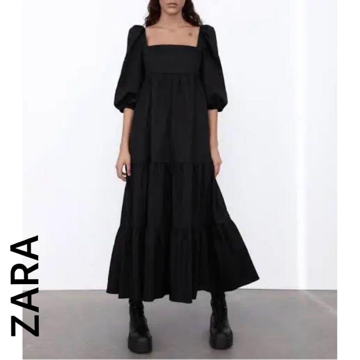 ZARA パネルミディワンピース パフスリーブ マキシスカート 黒 ブラック ドレス 未使用 Sサイズ ザラ フレアスカート 美品拍卖