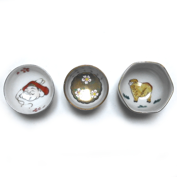 九谷焼★幸洋等 盃 七福神文様 羊文様 花文様 3種拍卖