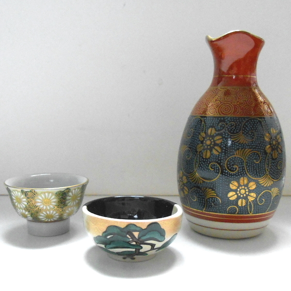 九谷焼★邦泉 徳利 青粒・花唐草文様 祥隆 仙守 盃 松文様 花詰文様 2種セット拍卖