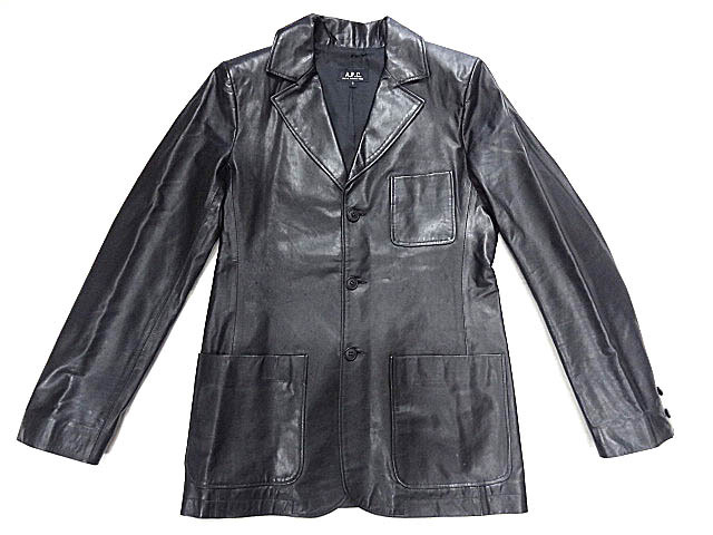 APC アーペーセー 90S フランス製 牛革 カウ レザー テーラード ジャケット 黒 ブラック Sz S ブレザー 3ポケット 無地 ユニセックス レア拍卖