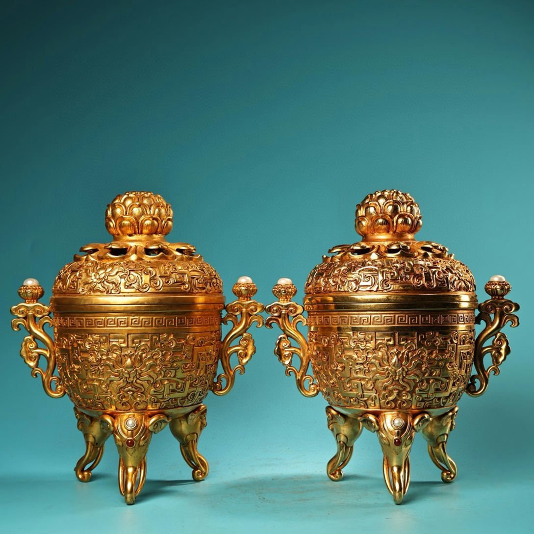 ■観心・時代旧蔵■R455唐時代 純銅塗金高浮彫鏨刻塗金象嵌珍珠花開富貴薫香炉一対★古置物★古賞物★古擺件★仏教古美術拍卖
