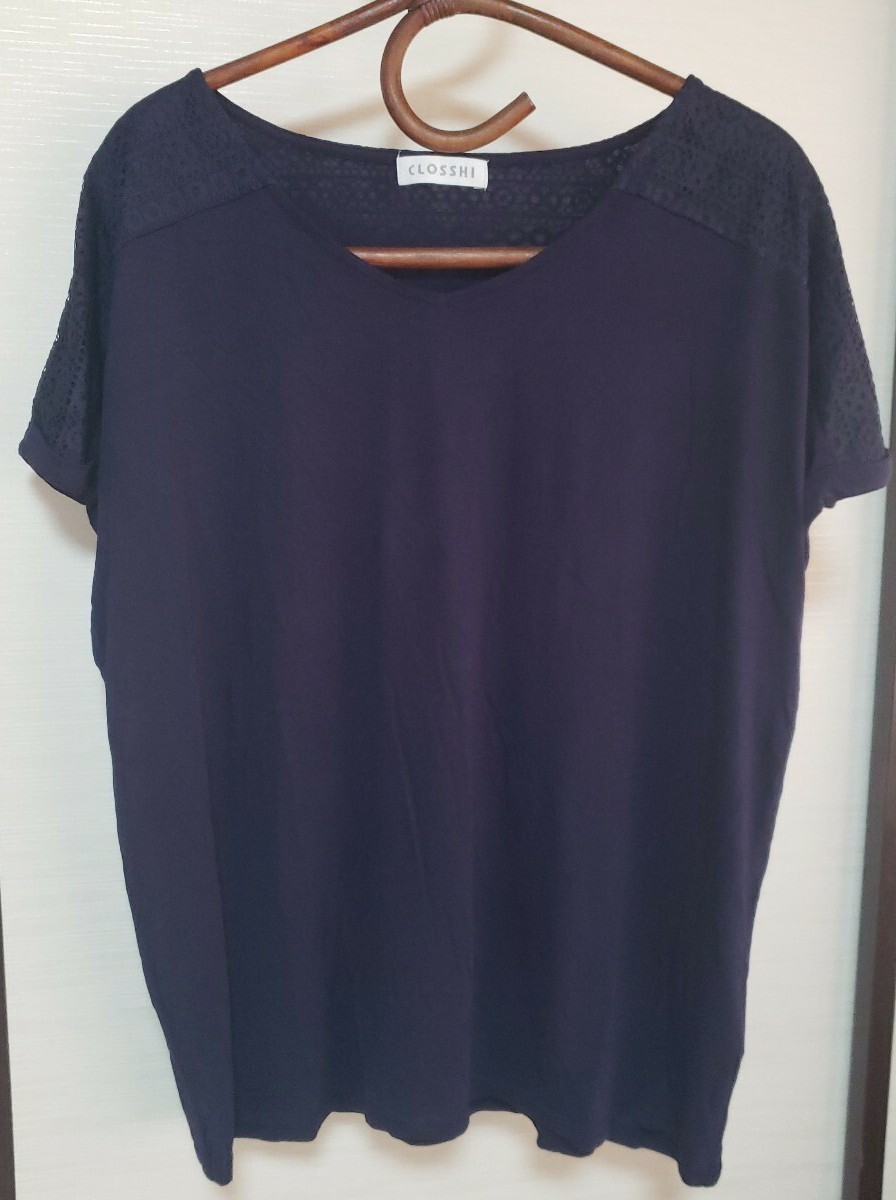 【4L】【美品】CLOSSHI クロッシー 半袖 シャツ カットソー レース 紺系 レディース 大きめサイズ拍卖