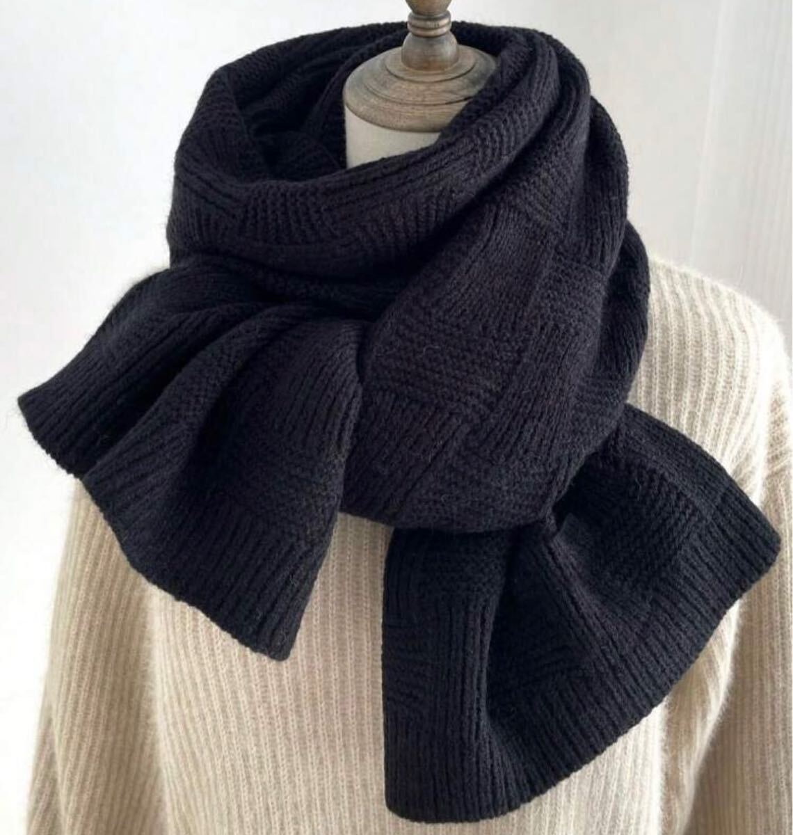 ブラックニットリブ編みマフラー ユニセックス ストール シンプル マフラー ニット マフラー ストール ユニセックス ショール拍卖