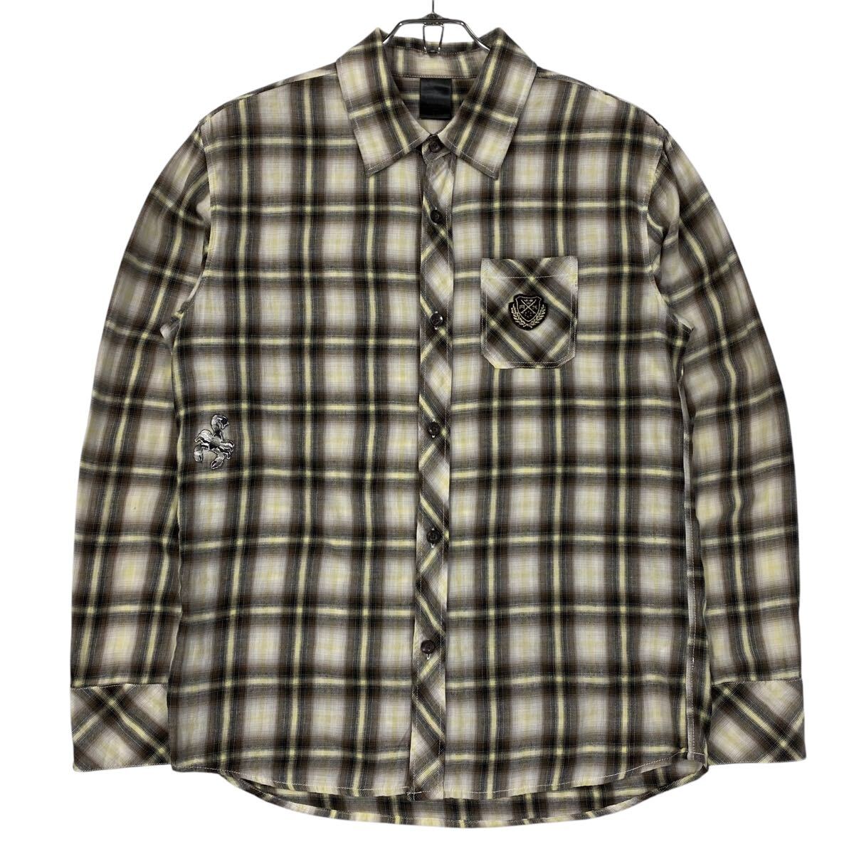 RUSS-K(ラスケー)長袖シャツ チェック柄 ワッペンロゴ メンズL イエロー系/ブラウン系/他拍卖