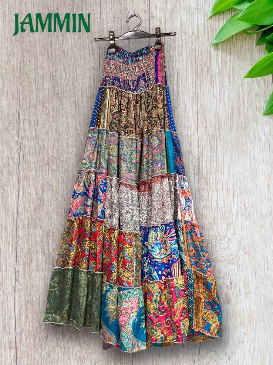 アジアン柄段々フレアスカート エスニック ヒッピー ロングスカート アジアン拍卖