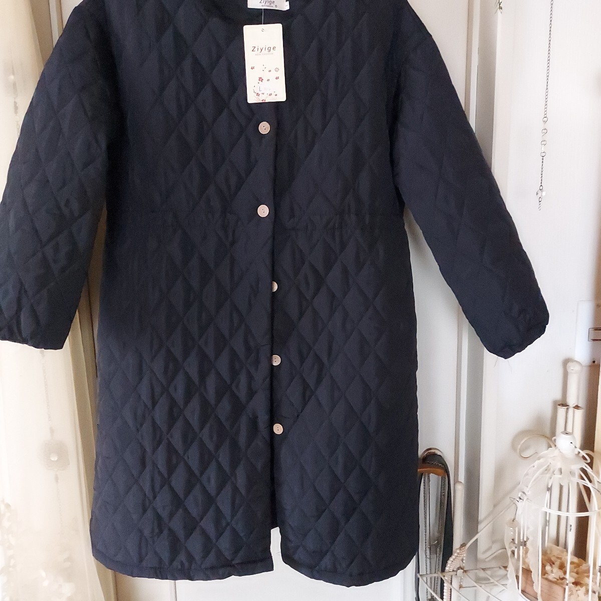 未使用 黒 秋冬 コート アウター 長袖 防寒 中綿コート ロング丈 ダウン 通勤ゆったり キルティングコート Lサイズ 軽量 コート拍卖