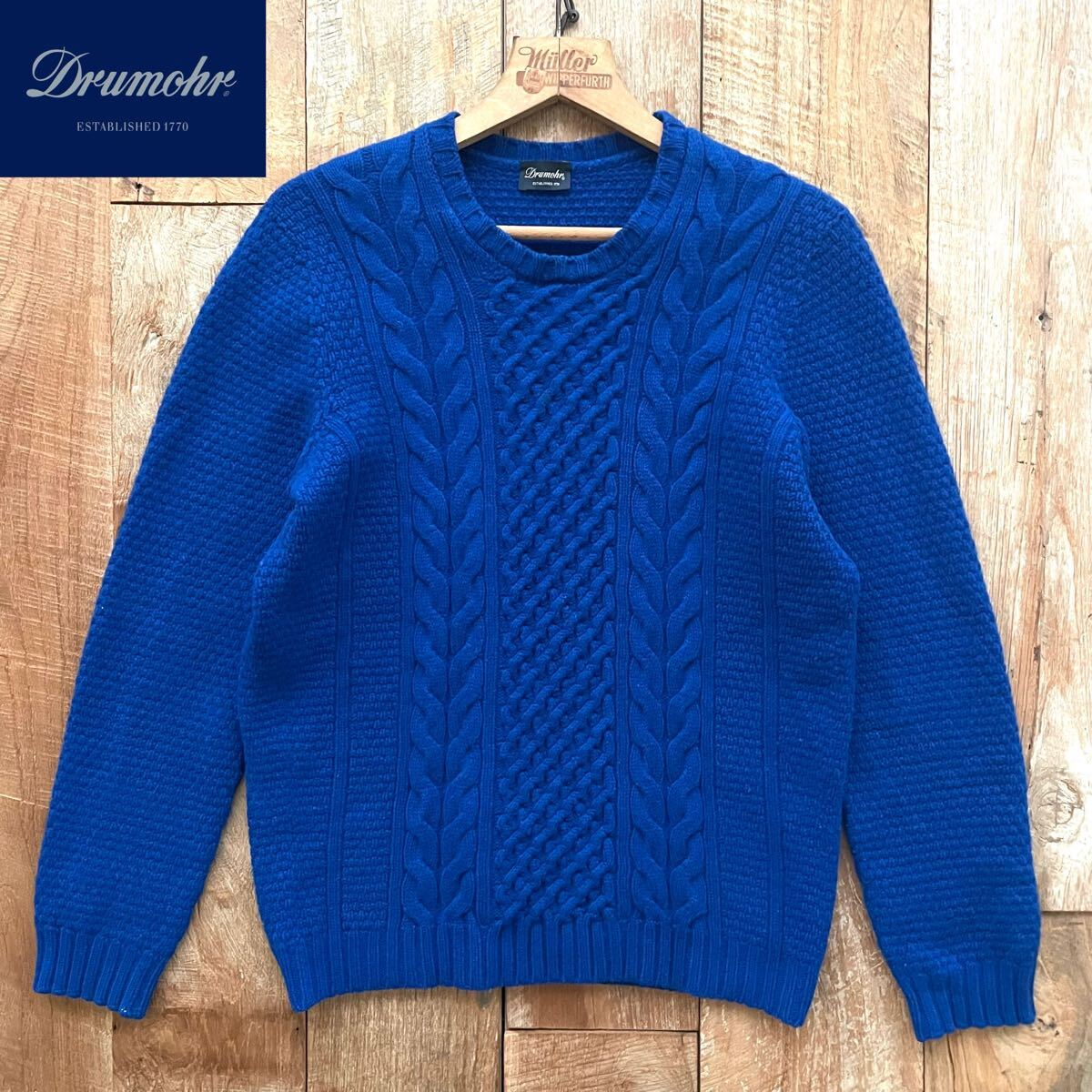 【美品】Drumohr ドルモア 4ゲージ ケーブル編み クルーネック ニット セーター 52 ブルー BEAMSF取扱拍卖