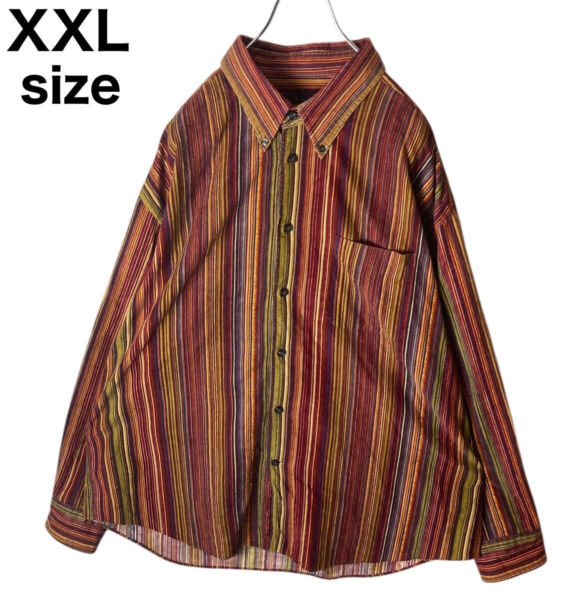 レトロ古着 暖色系マルチカラーストライプコーデュロイシャツXXLビッグサイズ拍卖