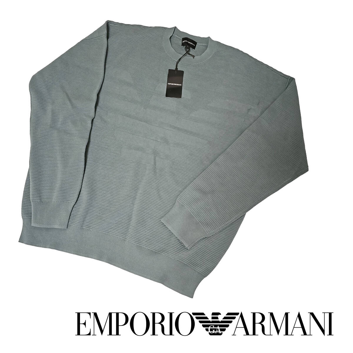 オーバーサイズデザイン Lサイズ イーグルマーク クルーネックニット エンポリオアルマーニ EMPORIO ARMANI グリーングレーセーター 拍卖