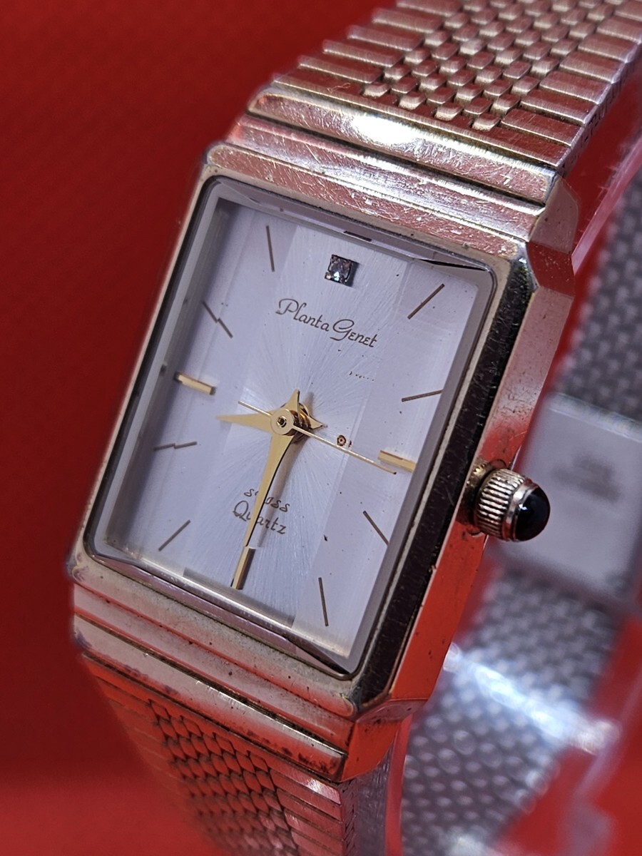 稼働品 PLANTA GENET プランタジェネットSWISS カットガラス レディース腕時計 電池交換済み G1551拍卖