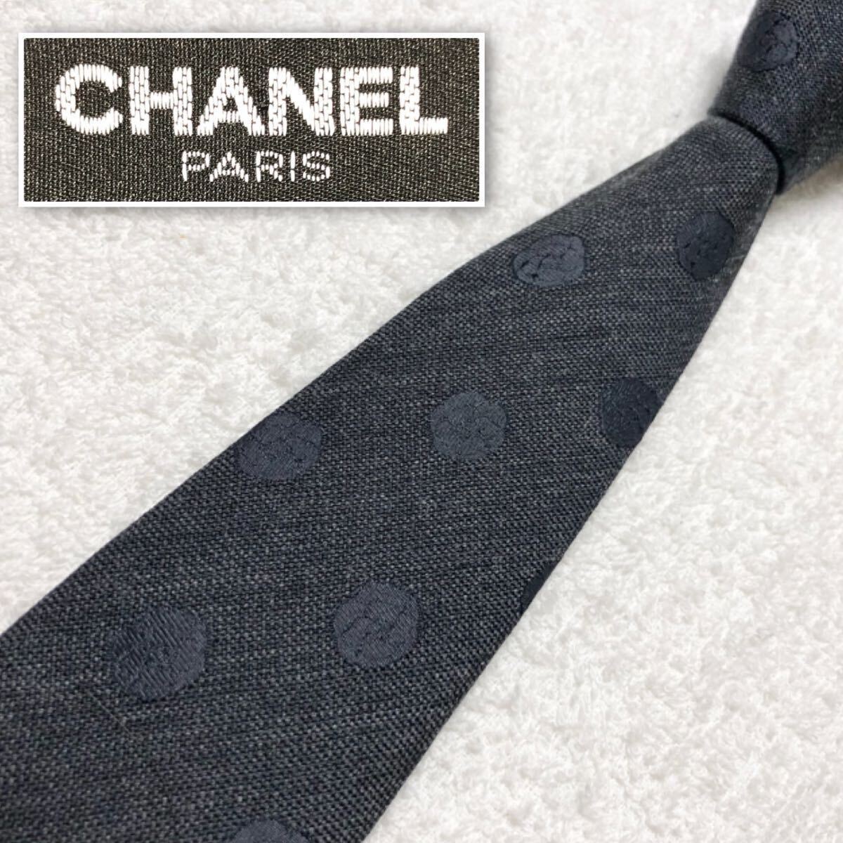 ■美品■CHANEL シャネル ネクタイ カメリア 花柄 総柄 シルク×ウール イタリア製 ダークネイビーグレー拍卖