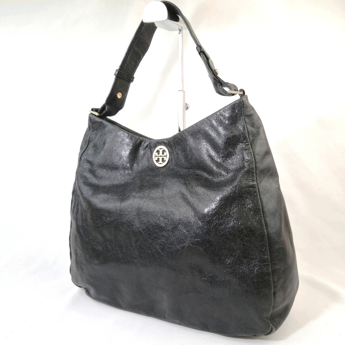 $ 美品 $ 激レア!■ TORY BURCH ■ トリーバーチ ■ 光沢 シワ加工 レザー製 ・ セミショルダー ハンドバッグ ■ 黒 ブラック ■ 送料無料拍卖