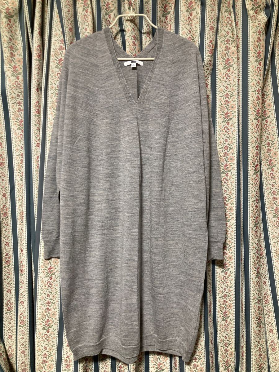 ユニクロ 3Dエクストラファインメリノ コクーンワンピース 長袖 XL ロング丈 セーター ニット Vネック ハイゲージ ウール100% 杢グレー拍卖