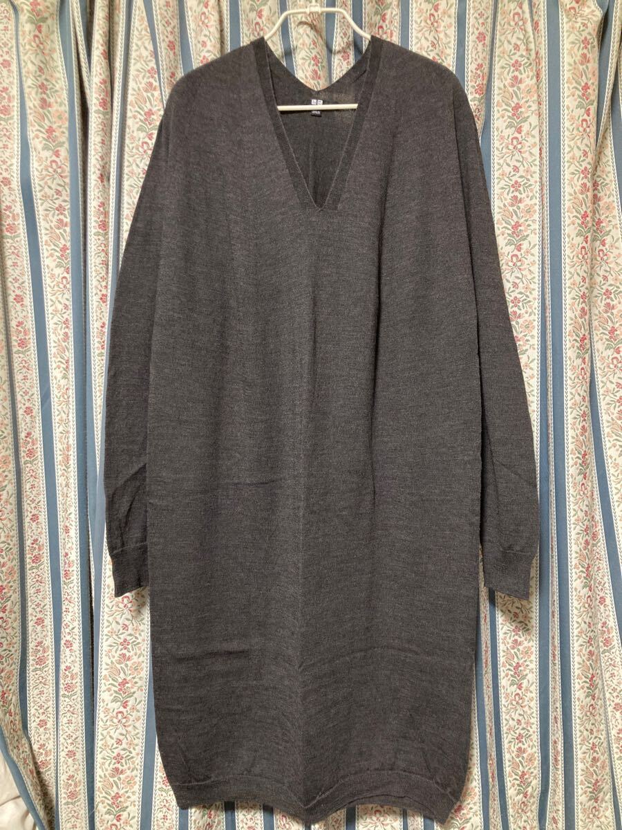 ユニクロ 3Dエクストラファインメリノ コクーンワンピース 長袖 L ロング丈 セーター ニット Vネック ハイゲージ ウール100% 杢ブラウン 茶拍卖
