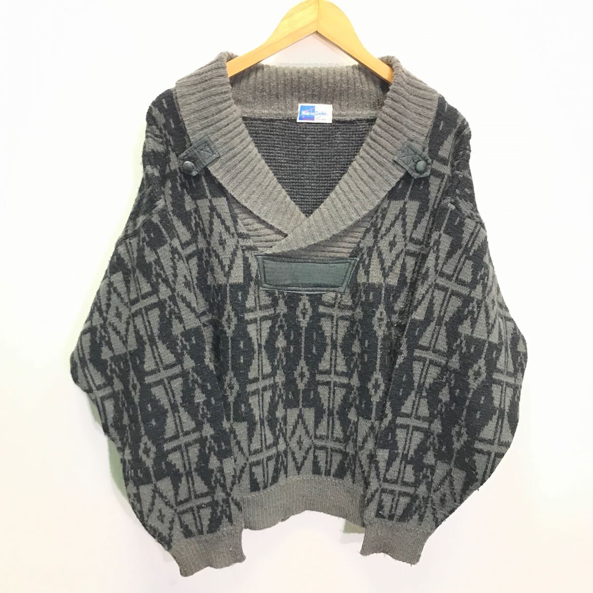 80s90s ビンテージ◎パーフェクトレトロ感◎【Maria Delle】ショールカラーニット トップス セーター 古着 総柄 秋冬 トラッド /Y23152ii拍卖