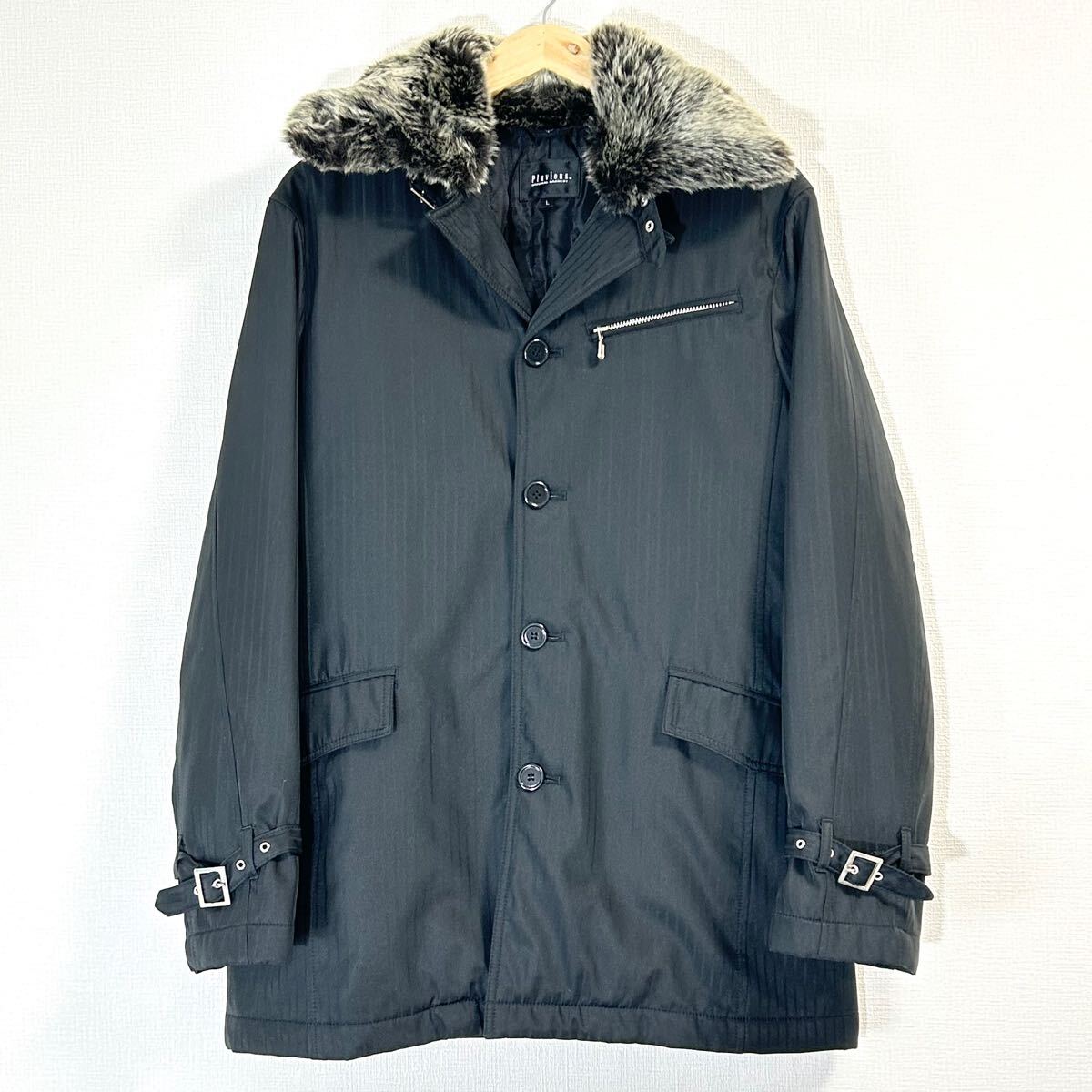 美品◎【Pluvious】プルビアス コート ジャンパー ジャケット ファー ストライプ 中わた チンベルト カジュアル 大人 ブラック L/Y23376TT拍卖