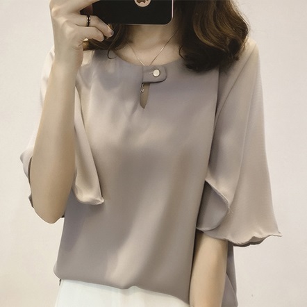 ブラウス (グレー)フレア袖 シンプルデザイン 新品拍卖