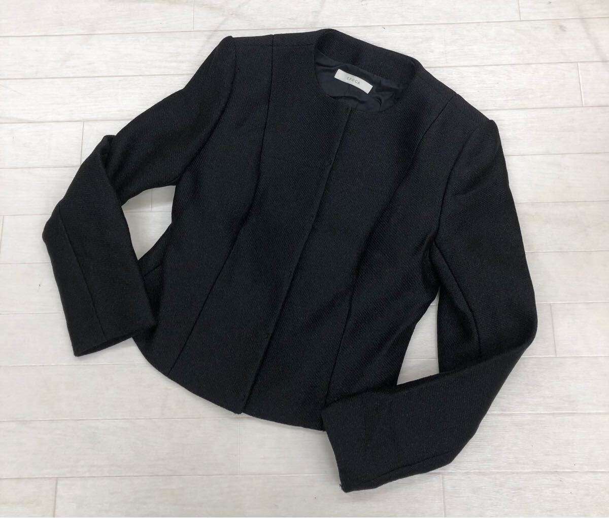 1677〓 EPOCA エポカ ノーカラージャケット レディース サイズ38 ブラック 丈短 フックボタン ジャケット拍卖