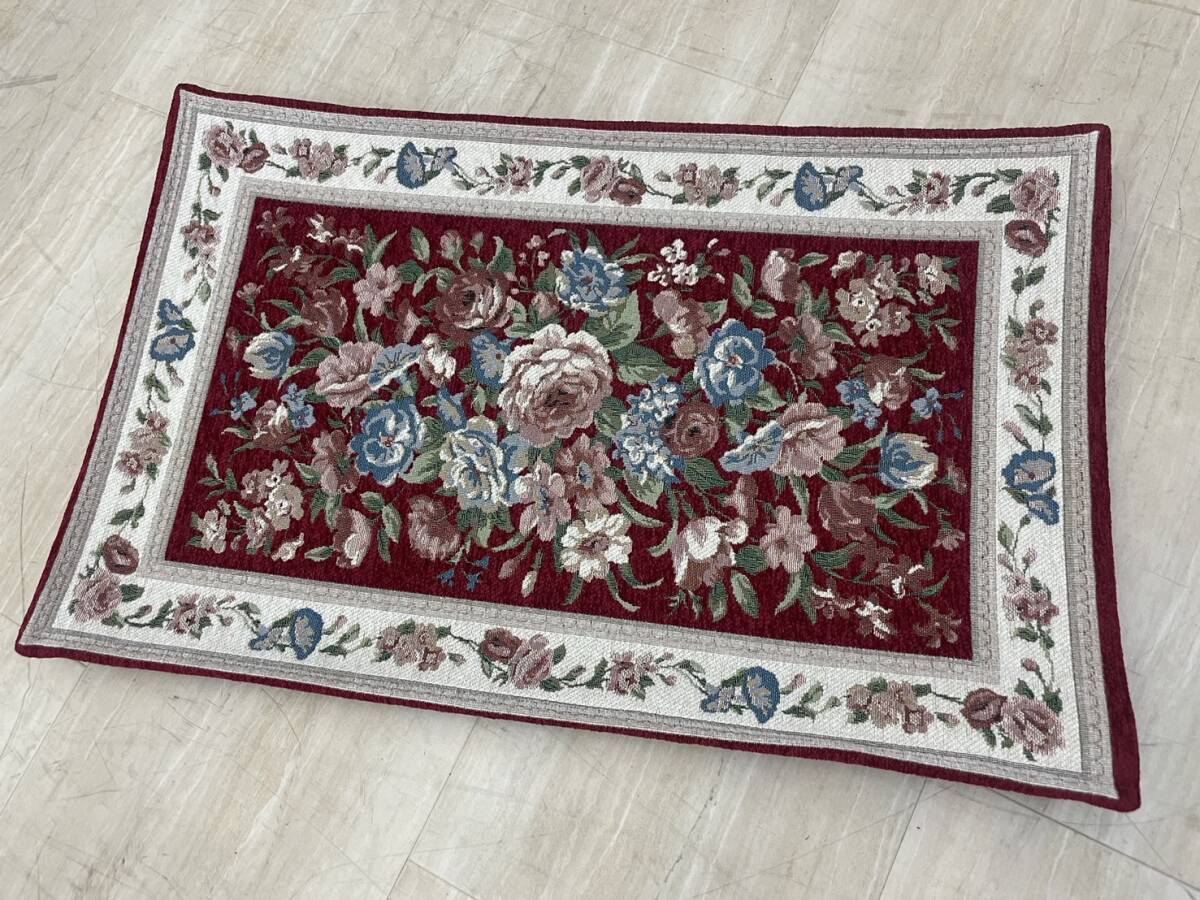 アンティーク 刺繍 レッド フラワー 玄関マット 80 50 マット ラグ 敷き物 カーペット 小さめ キッチンマット フロアマット 花拍卖