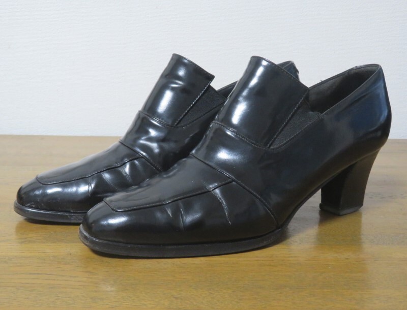 【イタリア製】 NICA MILAMO ガラスレザー ヒールローファーパンプス 本革 37 黒【使用品】拍卖