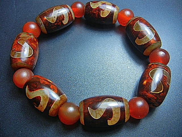 ★西蔵天珠数珠★JFV3334 朱砂龍紋 金銭釣天珠 数珠 14*21mm超勧め拍卖