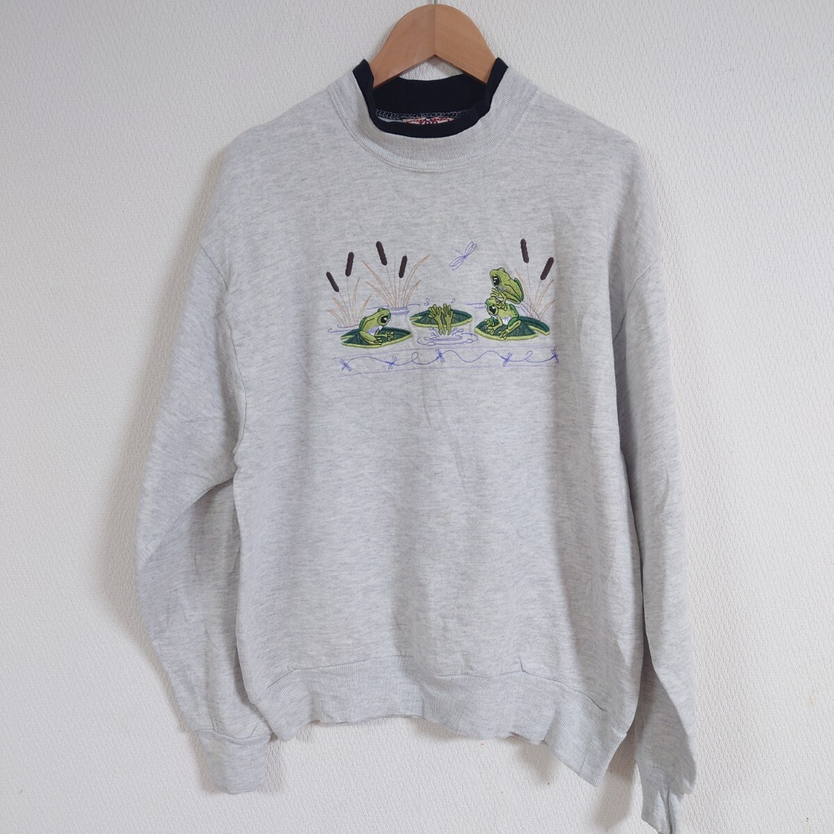 top stitch スウェット カエル 蛙 刺繍 二重襟 USA製 グレー 50/50拍卖