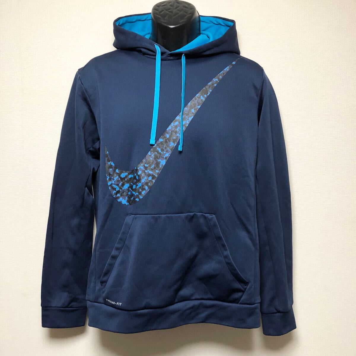 NIKE/THERMA-FIT ナイキ メンズL 長袖 プルオーバー パーカー 裏起毛 トップス ビッグプリント スウッシュ ネイビー スポーツウェア拍卖