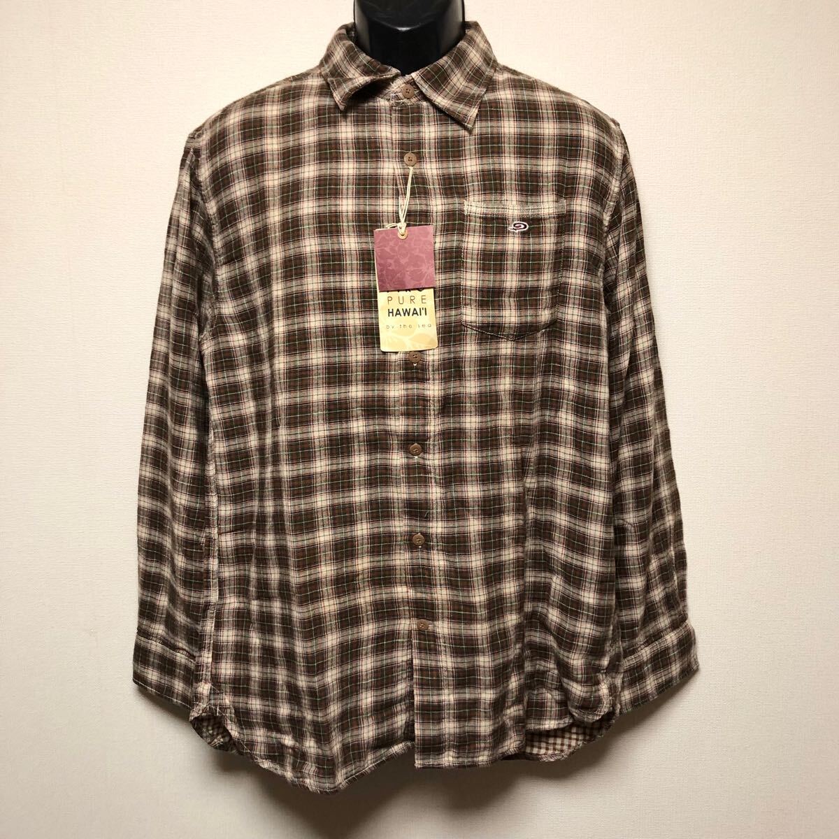 【未使用】90's/PIKO PURE HAWI'I/ピコ ピュア ハワイ メンズXL 長袖シャツ チェックシャツ トップス 茶系 胸ポケ 刺繍 綿100% ビンテージ拍卖