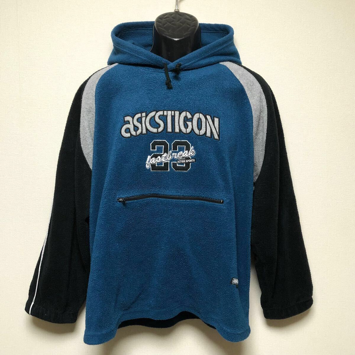 90's /ASICS TIGON サイズ160 (チェスト76〜84) 長袖 プルオーバー フリース パーカー トップス ビッグロゴ スポーツ USA ビンテージ古着拍卖