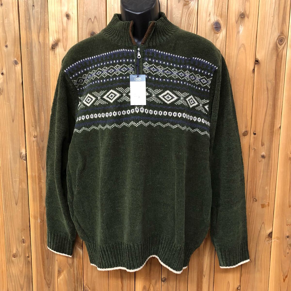 【未使用】90's /CHAPS*チャップス メンズLL 長袖 ハーフジップ ニット セーター プルオーバー トップス ハイネック グリーン系 男性 紳士拍卖