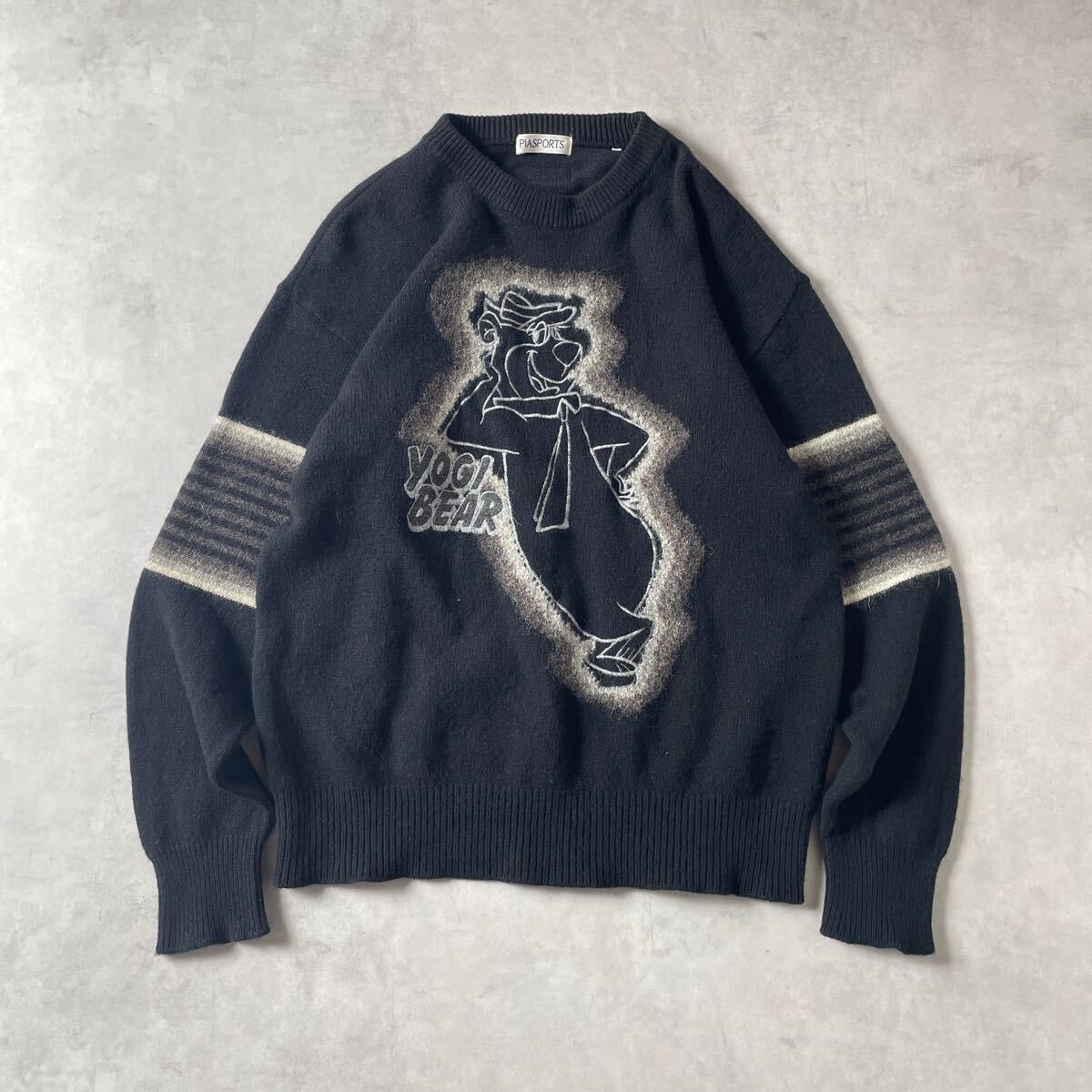 日本製 PIA SPORTS ピアスポーツ 長袖 アルパカ ウール 刺繍 YOGI BREAR プルオーバー ニット セーター メンズ(4) 黒 ライカ / a-121拍卖