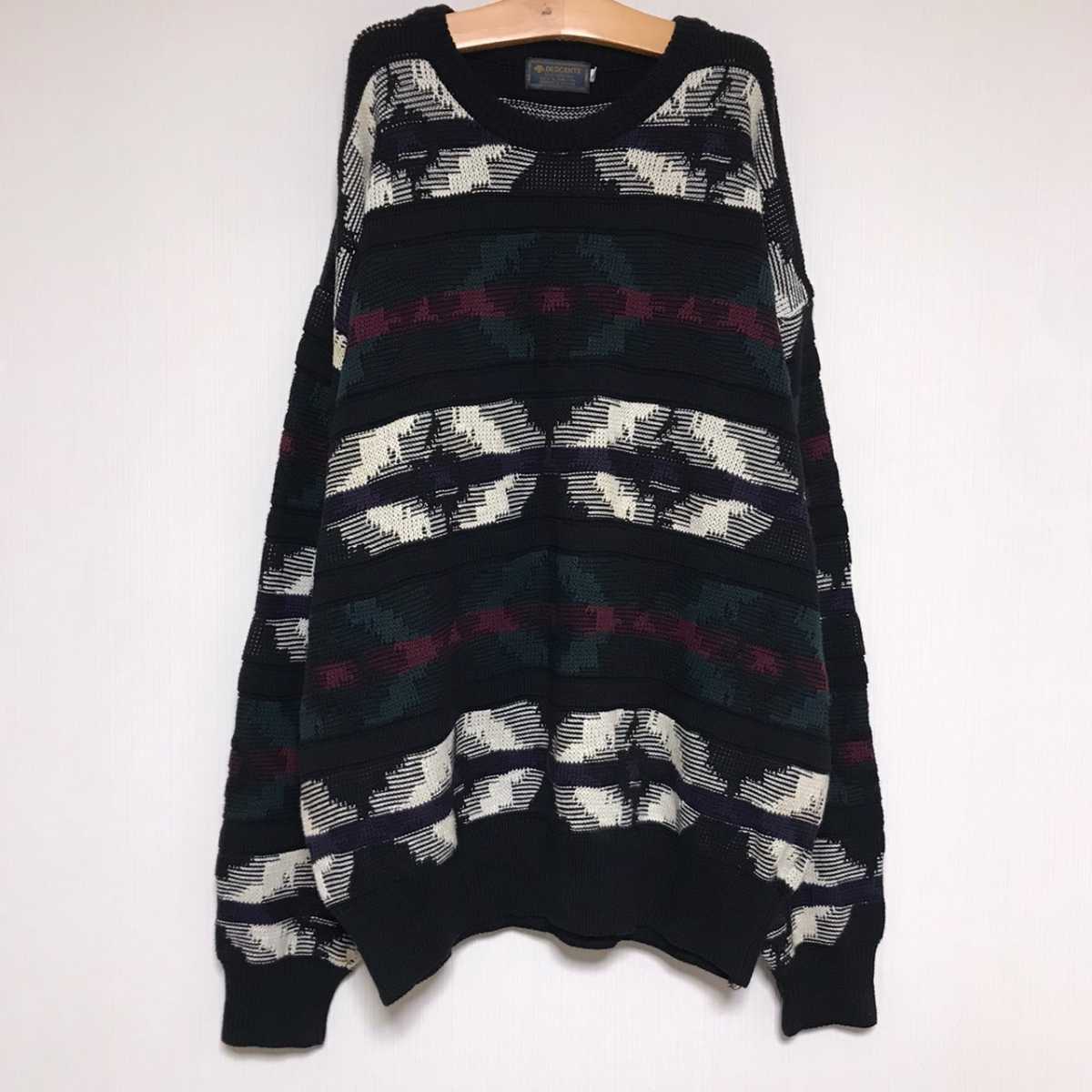 DESCENTE デサント ニット セーター ネイティブ 総柄 ボーダー 編込 コットン拍卖