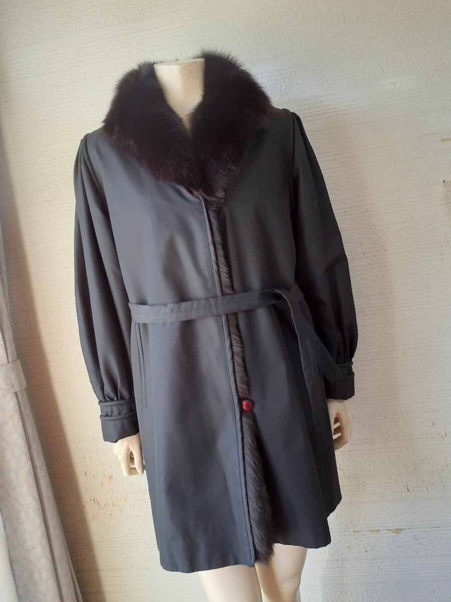カネボウ*Kanebo Silk★試着のみ★美品★コート★シルク★チキアンラム★ブルーフォックス★黒★大きいサイズF号拍卖