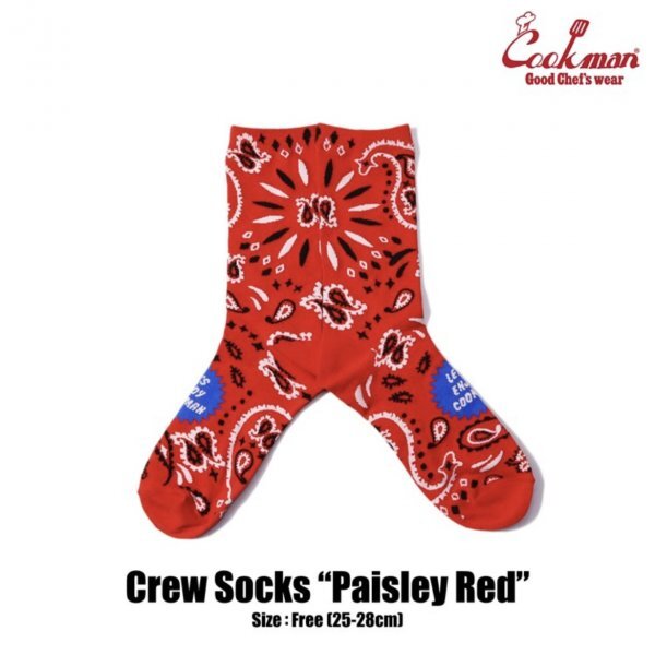 【COOKMAN】クックマン Crew Socks ソックス 靴下 Paisley Red 233-31960 / ペイズリーレッド 男女兼用 フリーサイズ スケボー拍卖