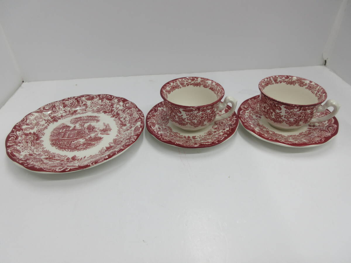 【お15】ジョンソンブラザーズコーチングシーンカップ&ソーサー2客 ケーキ皿1セット拍卖