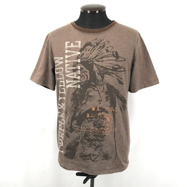 Purple&Yellow/パープルアンドイエロー★半袖Tシャツ【メンズM/茶/ブラウン】ロゴプリント◆BG429拍卖