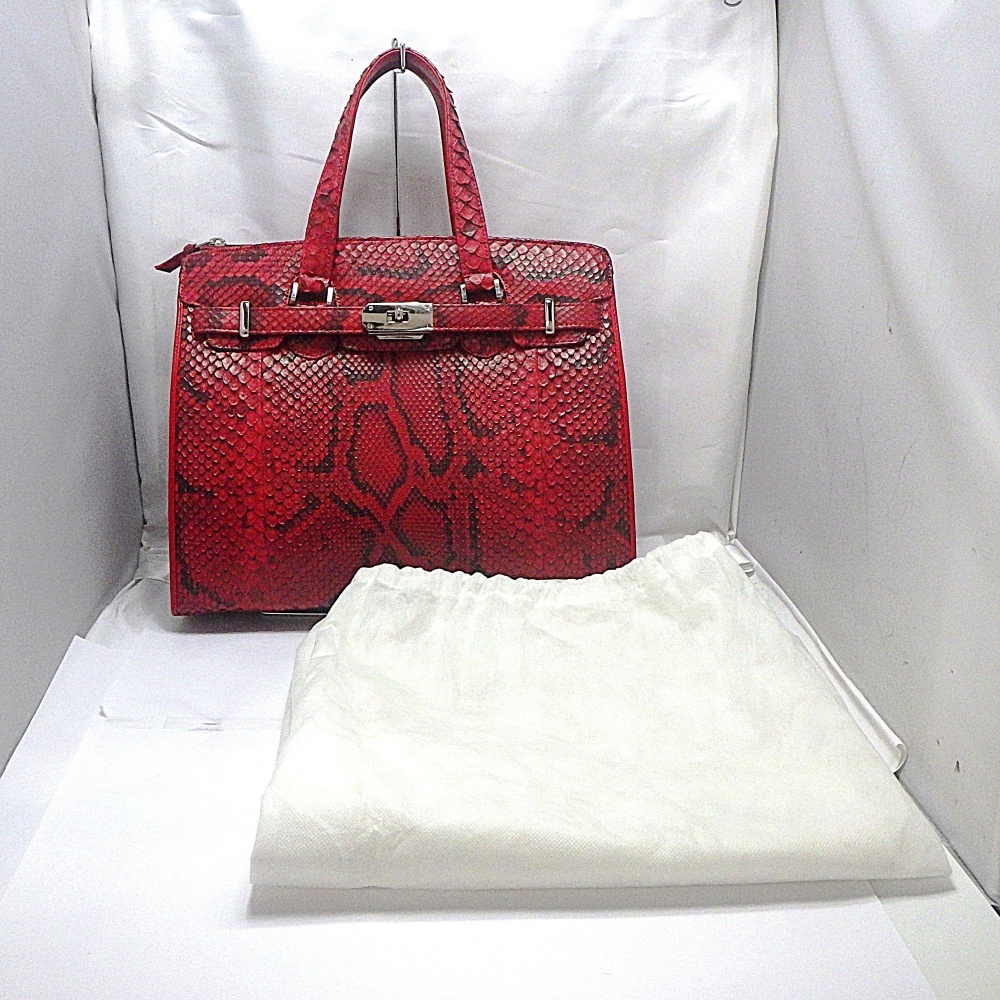 B24-2409 ハンドバッグ パイソン型押し レッド 赤 レディース 手提げ 鞄 自立型 ノーブランド 保存袋付き拍卖
