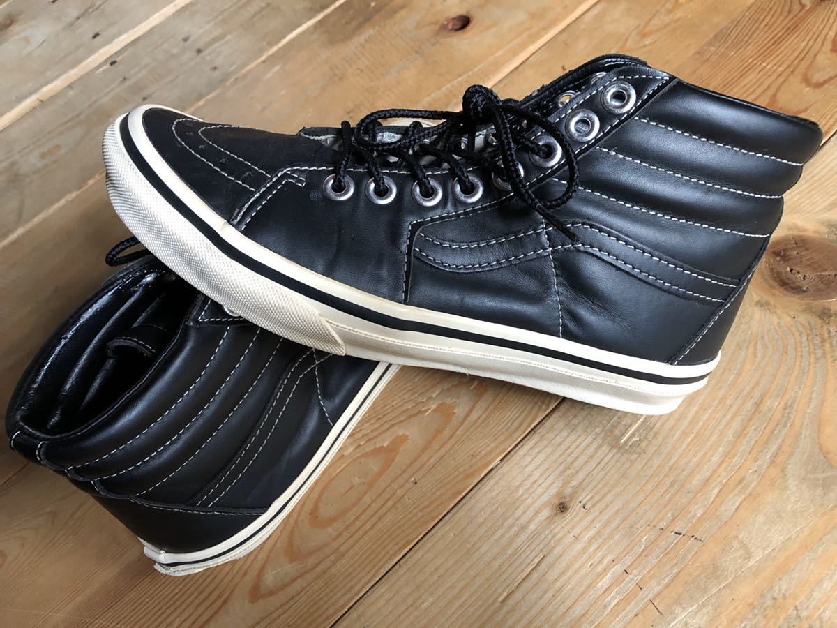 秋冬 ブラック 本革 レザー US7 靴 スケボー 黒 ストリート 洗浄済み アメリカン vans ハイカット★ガレージ 皮 アメカジ こだわりシューズ拍卖